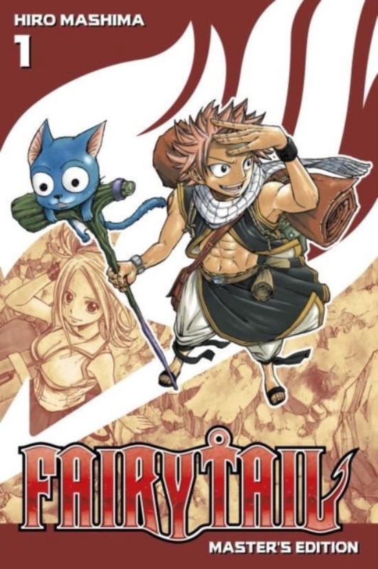 Fairy Tail Master's Edition 1, met Natsu en Happy in de hoofdrol. Naruto heeft een roze haar, Happy is een blauwe kat.