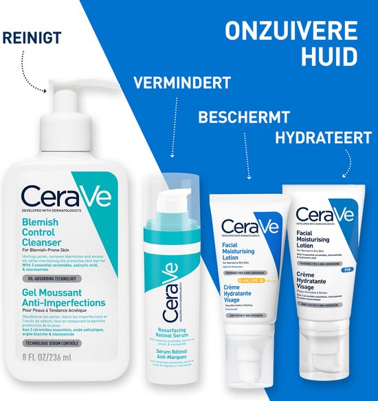 CeraVe Blemish Control Cleanser, Resurfacing Retinol Serum, en twee crèmes. Reinigt, vermindert, beschermt en hydrateert de onzuivere huid.