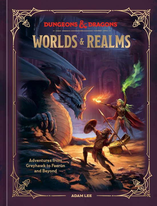 Dungeons & Dragons: Worlds & Realms boek met een draak, avonturiers en een schatkist. Avonturen van Greyhawk tot Faerûn en verder.