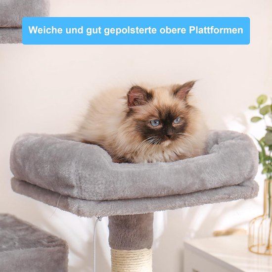 Hey-brother EMPJ050G Krabpaal, 154 cm, stabiele kattenboom, kattenkrabpaal met sisaltouw, hangmat, mand, huis en platform, rookgrijs