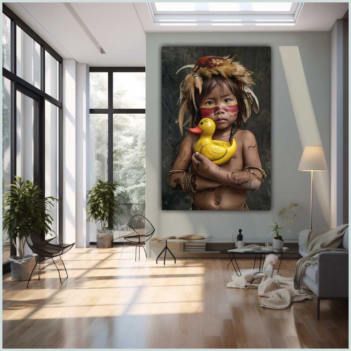 Canvas schilderij - Canvas - Staand - 50 x 70 cm - Portret - Kind - Dier - Badeend - Kind met badeend - Azie - Bijzonder - Wanddecoratie - Muurdecoratie woonkamer - Uniek - Exclusief -Picturetopicture