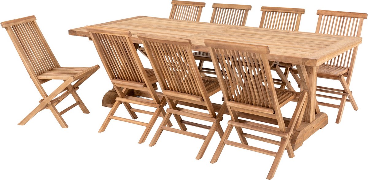 Volos tuinmeubelset eetkamertafel 100x240cm naturel en 8 Toledo stoel naturel.