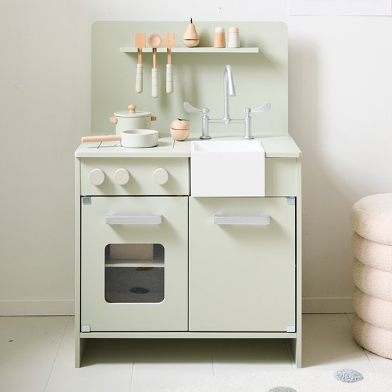 Speelkeuken Hout Grijs Groen - Speelgoed Keuken inc. 7 - Kinderkeuken Accessoires - Voor de Kleine Chefkok - Stimuleert Fantasie & Creativiteit