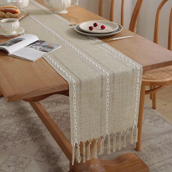 Wracra Borduurkatoen Linnen Tafelloper Boerderijstijl Binnen Buiten Koffie Tafelloper 90cm met Handkwastjes voor Feest Eetkamer Keukendecoraties (Koffie, 90cm