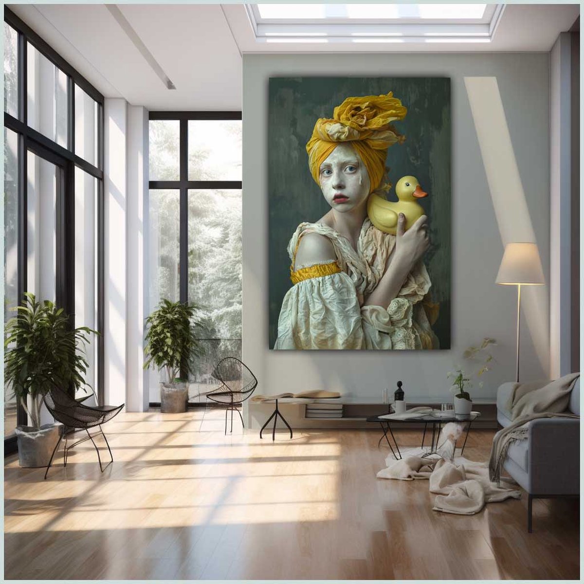 Canvas schilderij - Canvas - Staand - 50 x 70 cm - Portret - Vrouw - Bijzonder - Stijl Vermeer - Badeend - Wanddecoratie - Muurdecoratie woonkamer - Uniek - Exclusief -Picturetopicture