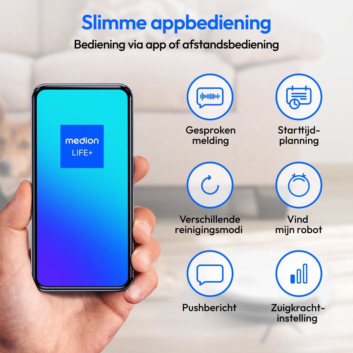 Afbeelding 2 van MEDION robotstofzuiger met intelligente navigatie S35 (app en spraakbesturing, 4000 Pa zuigkracht, gyronavigatie in systematische S-lijnen, tapijtdetectie, muursensoren)