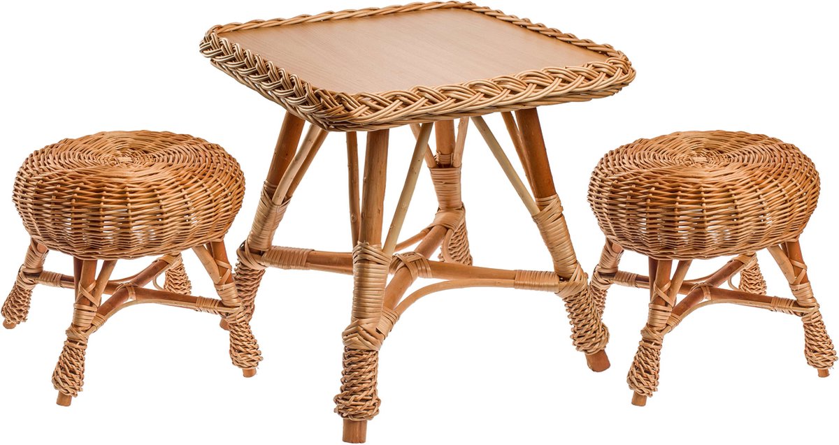 BOGATECO Kindermeubelset van Riet - Tafel en 2 Krukjes - Robuuste Constructie met MDF - Zitset voor Huis & Tuin - Naturel