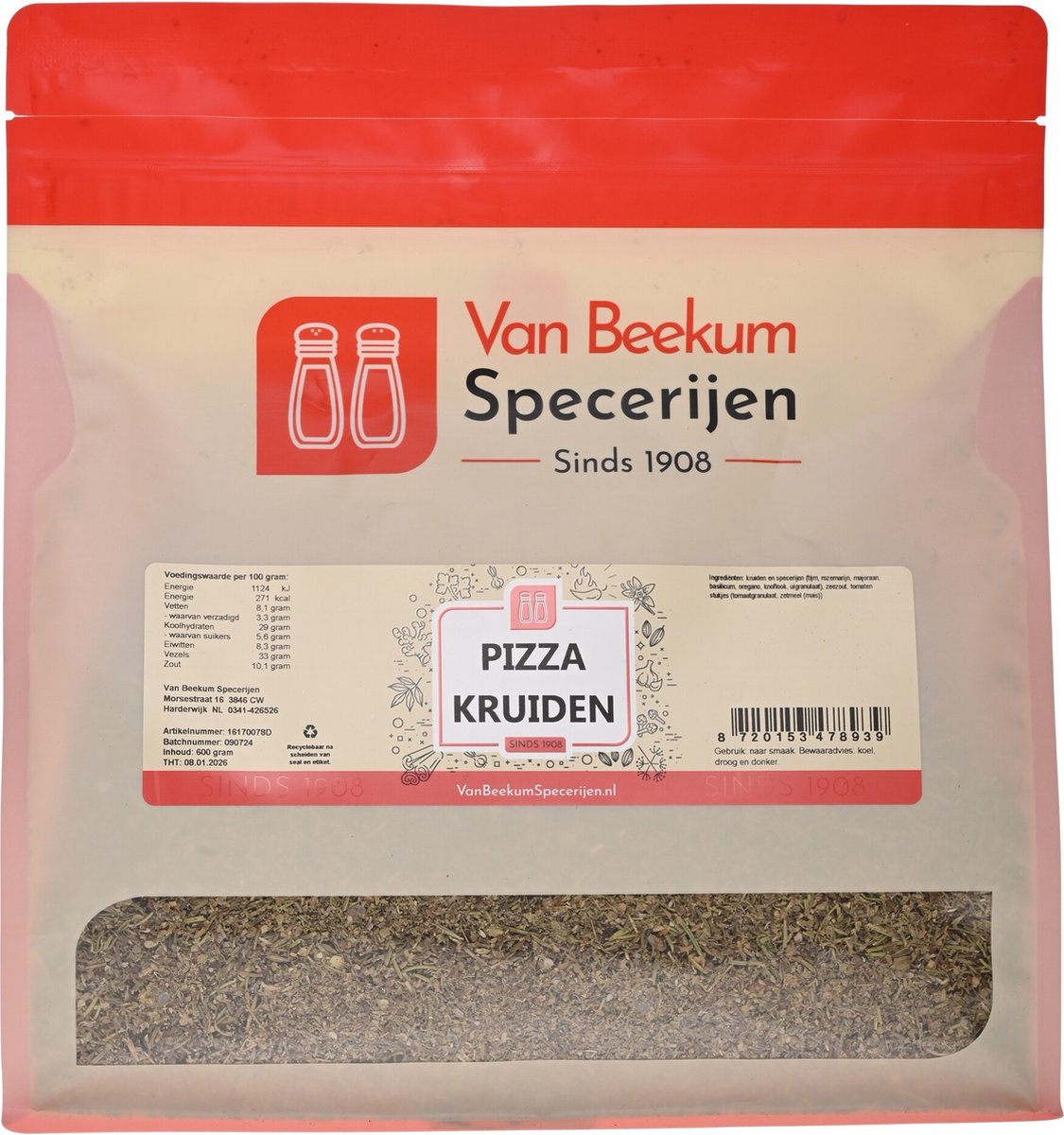 Goedkoopste Van Beekum Specerijen - Pizza Kruiden - 600 gram (hersluitbare stazak