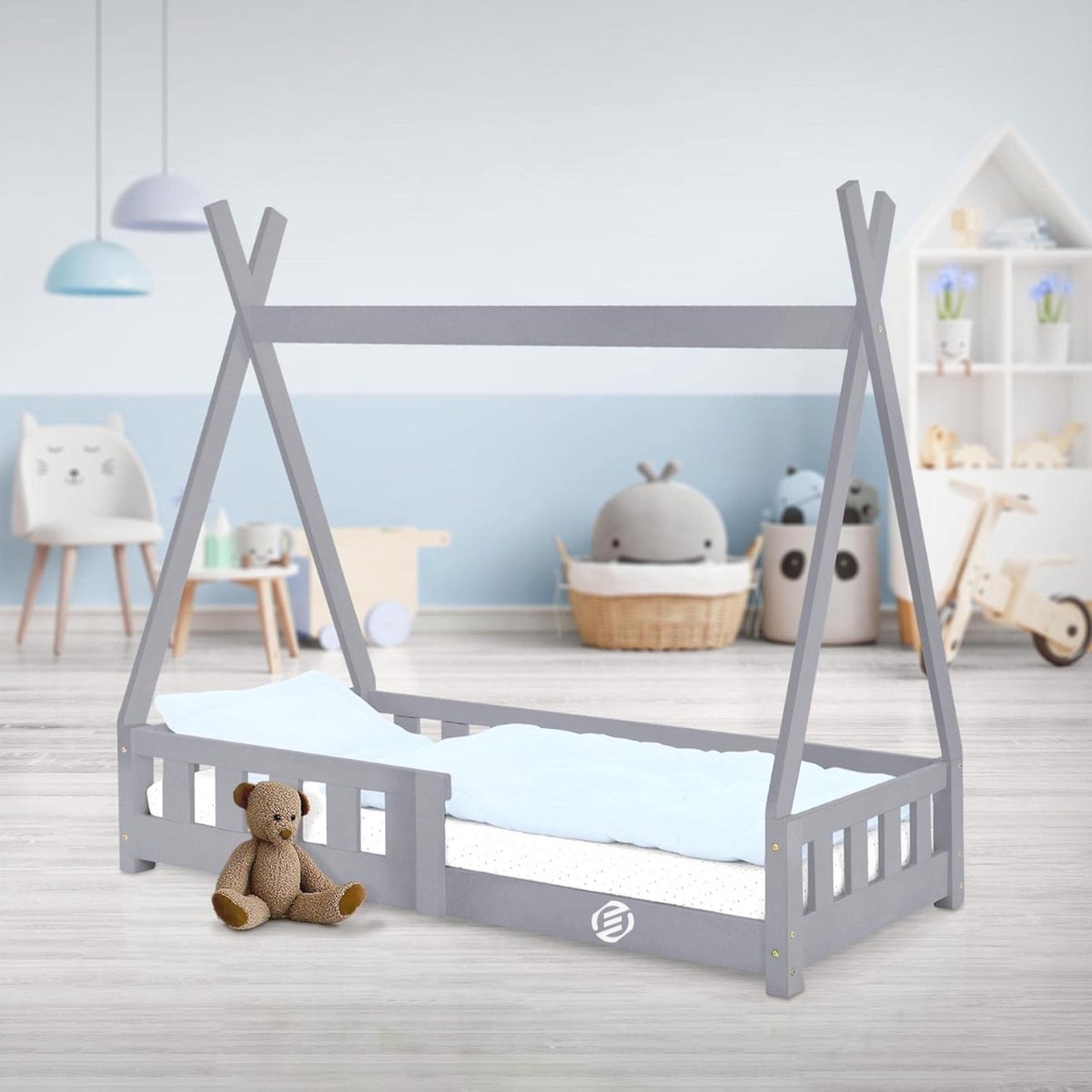 Equivera Grondbed - Peuterbed - Kinderbed - Bedhuisje - Huisbed - Grondbed Peuter - Laag Bed - Vloerbed Lichtgrijs