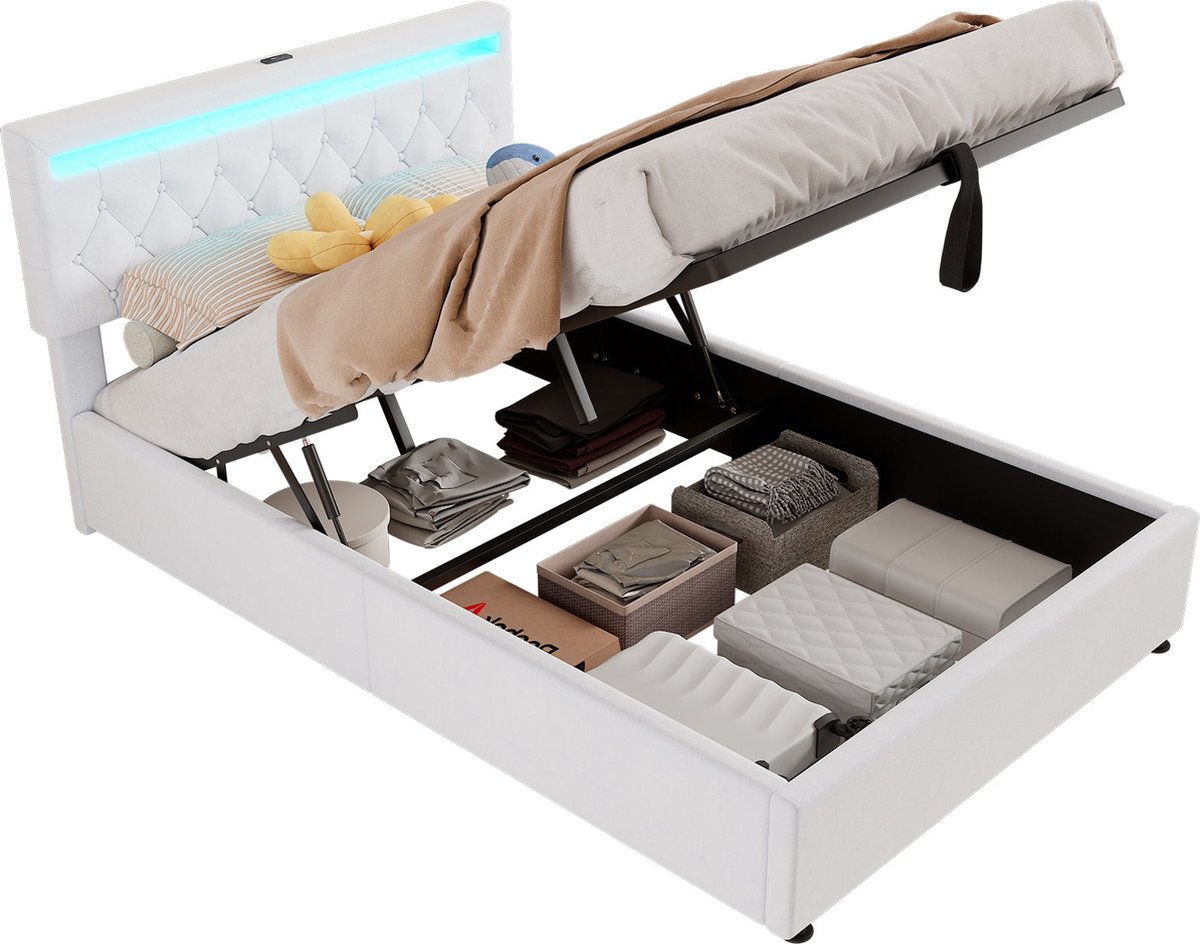 Merax Gestoffeerd Bed 140x200 cm met Hydraulische Opbergruimte, LED-Omgevingslicht en USB Oplaadstation - Fluweel in Wit