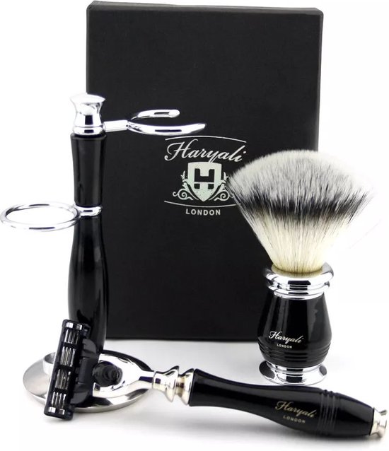 Scheerset voor mannen Scheren met scheermes met 3 randen, synthetische scheerkwast en scheerstandaard, scheerset in zwarte kleur voor herenverzorging