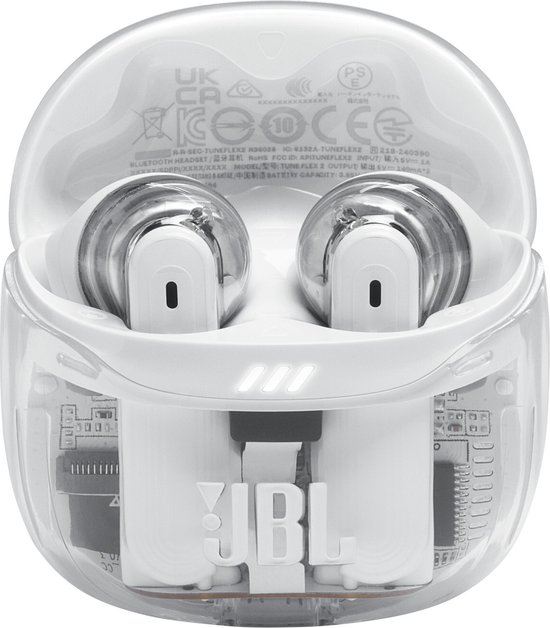 Witte JBL Tune Flex 2 oordopjes in het transparante oplaaddoosje, met interne componenten zichtbaar.