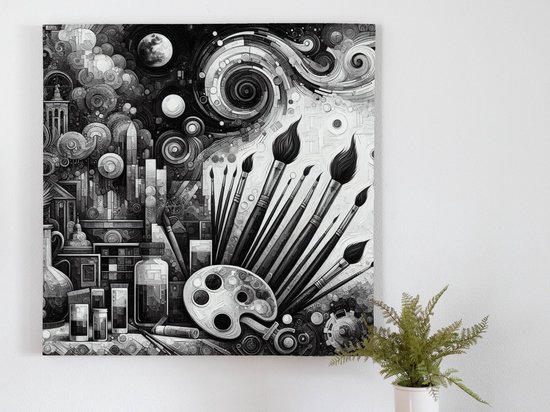 Olieverf zwart wit schilderij | Monochroom meesterwerk: een zwart-wit oogstrelend olieverf kunstpareltje | Kunst - 40x40 centimeter op Canvas | Foto op Canvas
