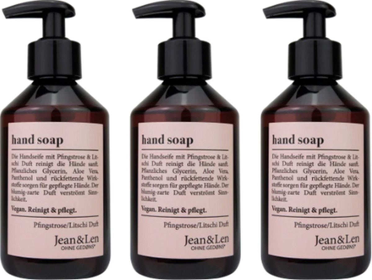 Jean & Len Handzeep | 3x 250 ml Vloeibare zeep | Pioenroos & Lychee | VOORDEELVERPAKKING - 3 stuks Luxe Handzeep