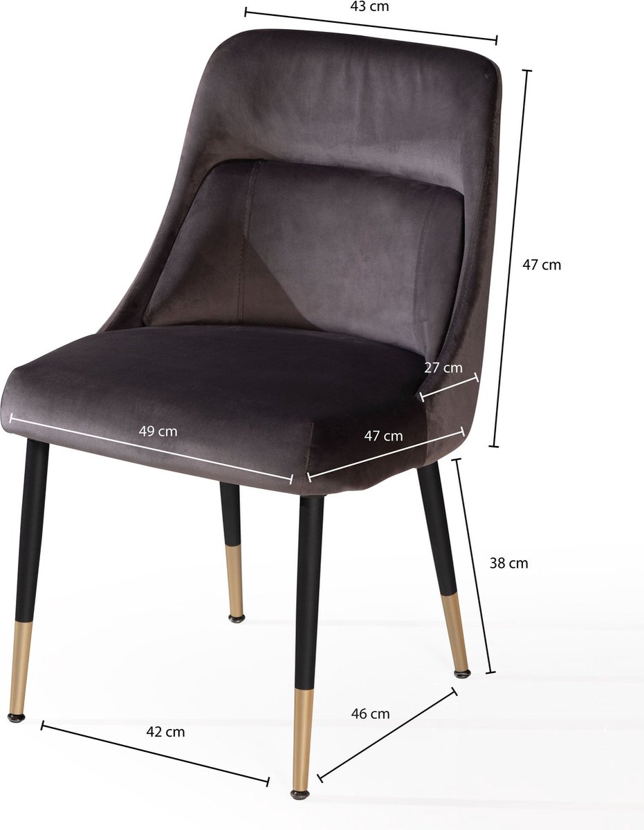 Eetkamerstoel fluweelgrijze keukenstoel met zwarte poten, schelpstoel modern, gestoffeerde stoel met stoffen bekleding, stoel bekleed met geïntegreerd rugkussen