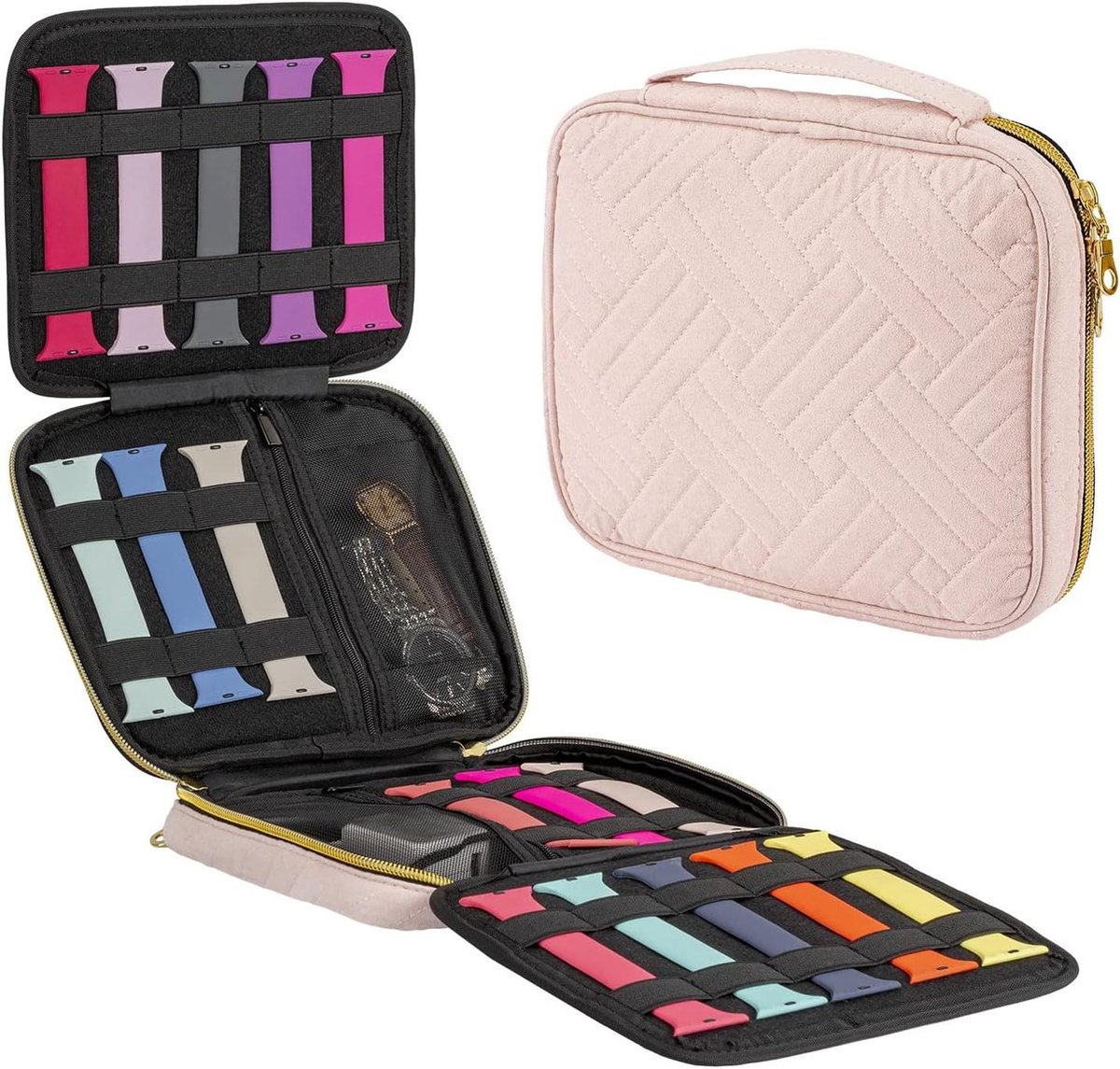 Horlogeband-organizertas - uitbreidbaar - reiszakje voor 26 horlogebanden - roze