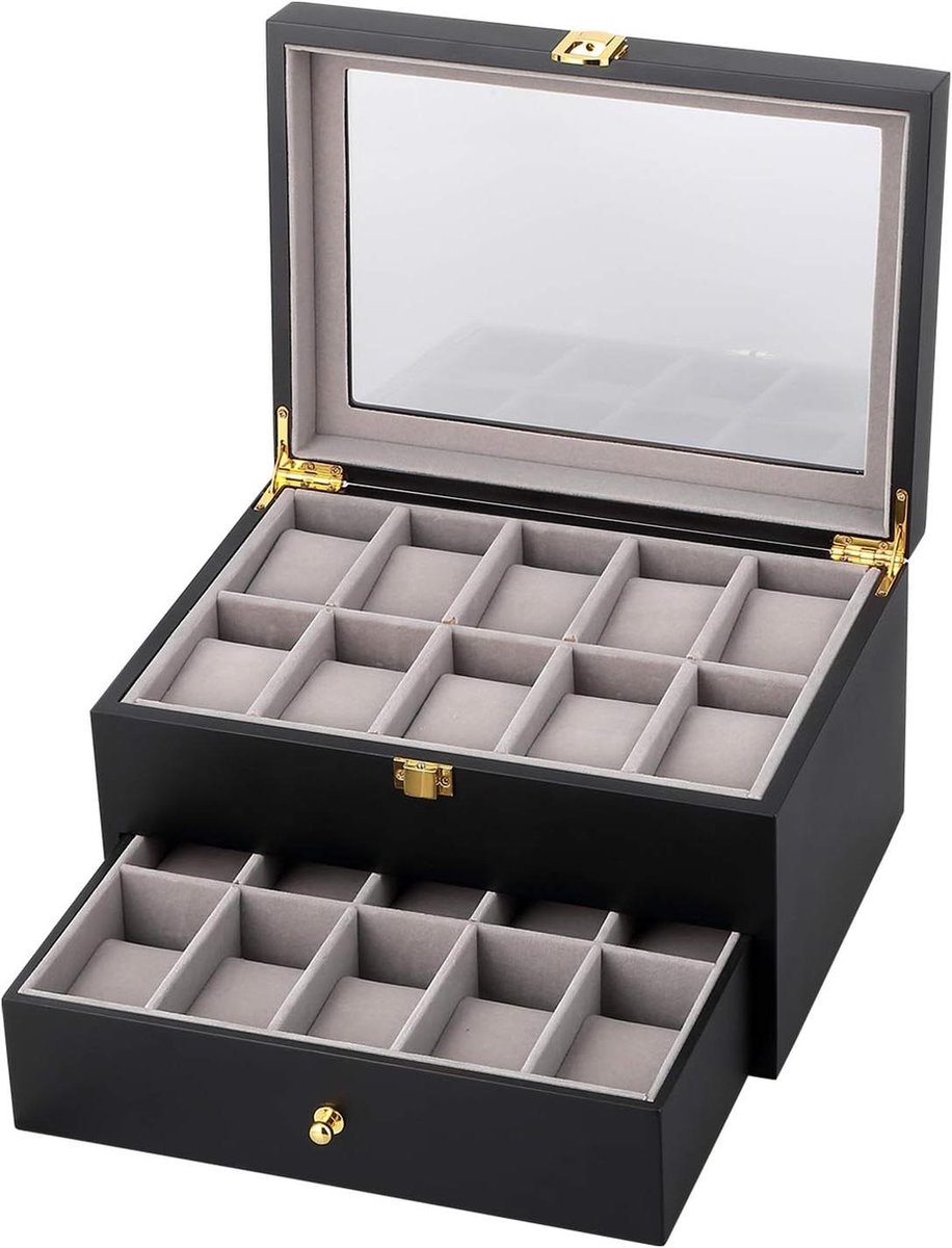 Horloge Opbergdoos 2 Lagen - Sieraden Organizer Collectie met Glas Deksel - Heren.