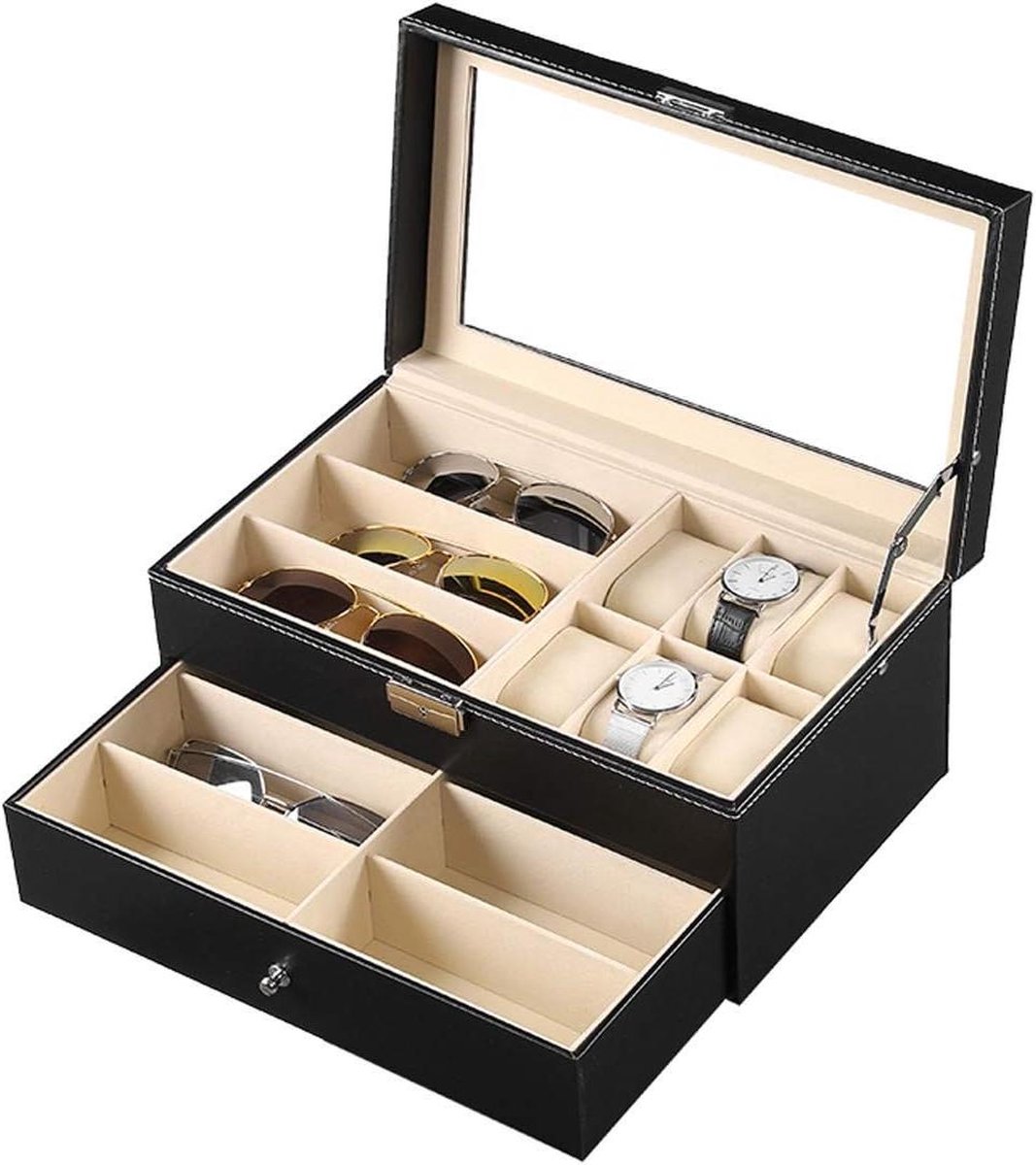 6 Lederen Horloge Box Sieraden Case - Brillen Opslag - Zonnebril Bril Display - Zwart AWU-048