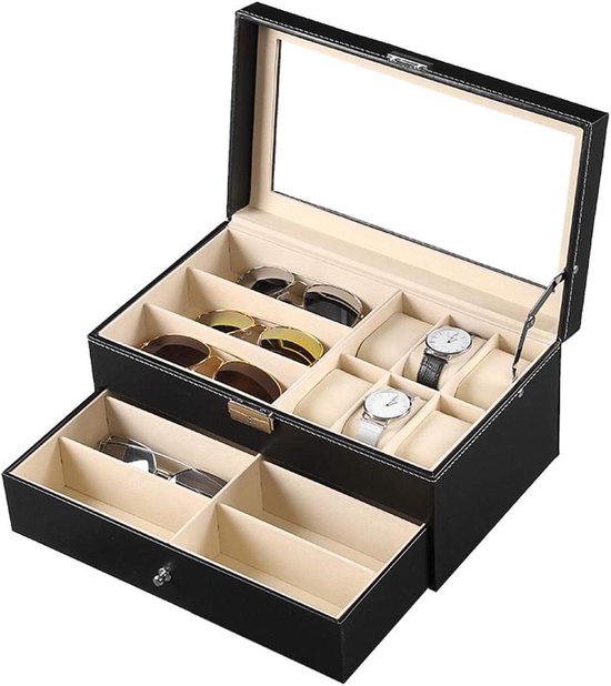 AUTOARK Lederen 6 horloge en 3 brillen en zonnebrillen doos met sieraden vitrine organizer, heren vrouwen opslag houder dozen, glazen top, bruin, AWU-020