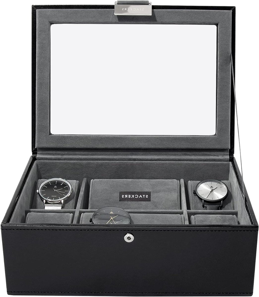 Leatherette Watch Box with Glass Lid - Black - Cufflink Ring Storage Case - Men