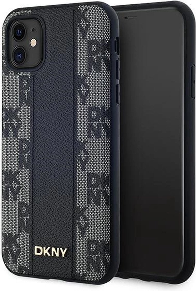 DKNY Leren MagSafe-hoesje met geruit monopatroon voor iPhone 11 / Xr - Zwart
