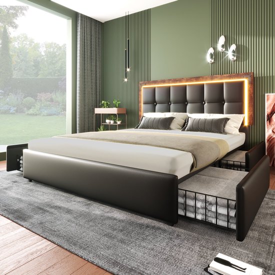 Merax Lit Double Queensize 160x200 cm avec Matras en Mousse Froide - Lit rembourré en Simili Cuir avec 4 tiroirs et LED- Siècle des Lumières - Zwart
