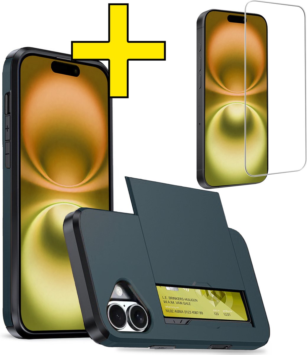 Hoesje Geschikt voor iPhone 16 Hoesje Case Pashouder Hard Cover Met Screenprotector - Hoes Geschikt voor iPhone 16 Hoesje Met Kaarthouder - Donkerblauw