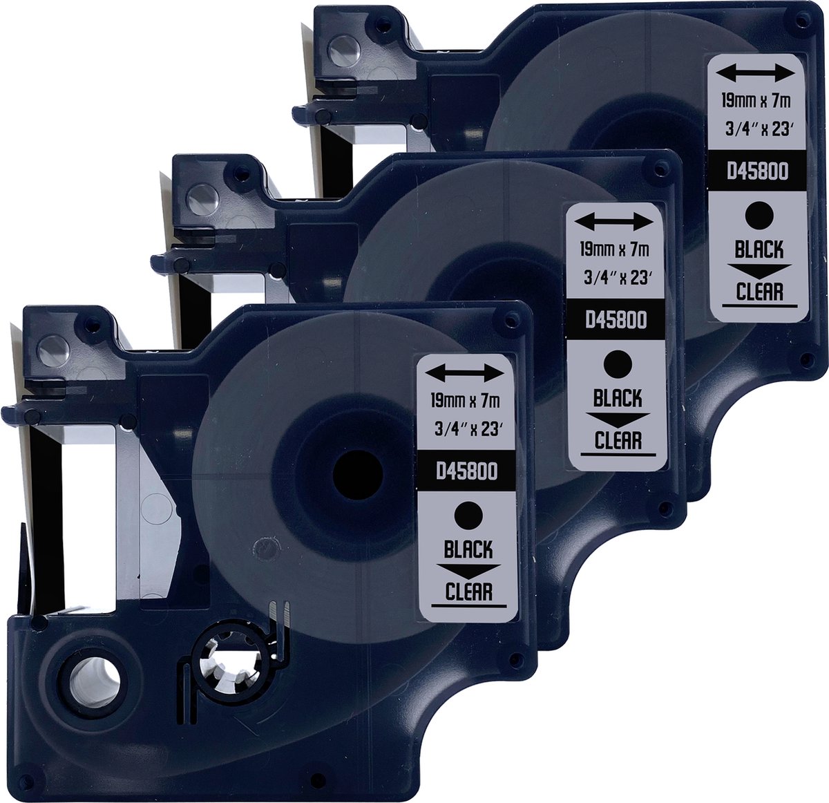 DULA Dymo D1 45800 - S0720820 - Compatible label tape - 3 lettertapes - Zwart op transparant - 19mm x 7m