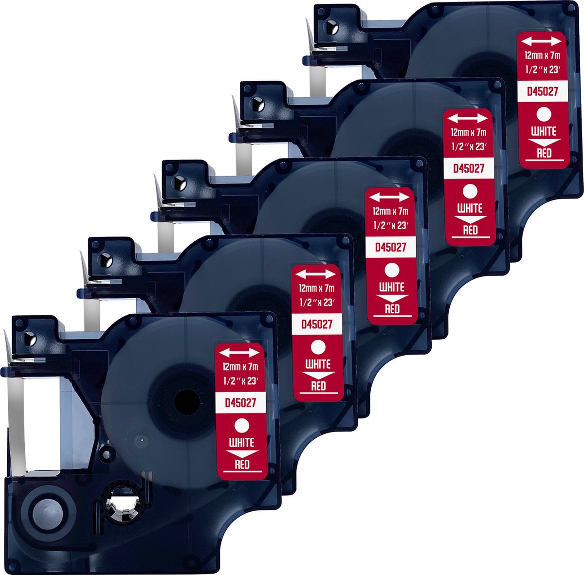 DULA Dymo D1 45027 Compatible label tape - 5 lettertapes - Wit op rood - 12mm x 7m