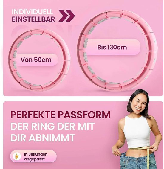 Gymside Hoopside - Smart Hula Hoop zum ununterbrochen Hullern, Fällt Nicht herunter, geeignet für Anfänger, Hula Hoop zum abnehmen und fit Werden, mit Massagenoppen, 24 Abnehmbare Glieder (Pink