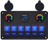 ProRide Schakelpaneel 12V voor Auto/Boot - USB Lader 4 Poorten met Voltmeter - QC3.0 - 6 Schakelaars