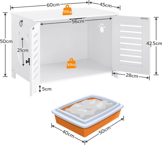 Yaheetech Set van 2 kattenkasten voor kattentoilet, kattenhuis, kattenbakkast met open plank, bijzettafel, 52 × 49 × 64,5 cm, wit
