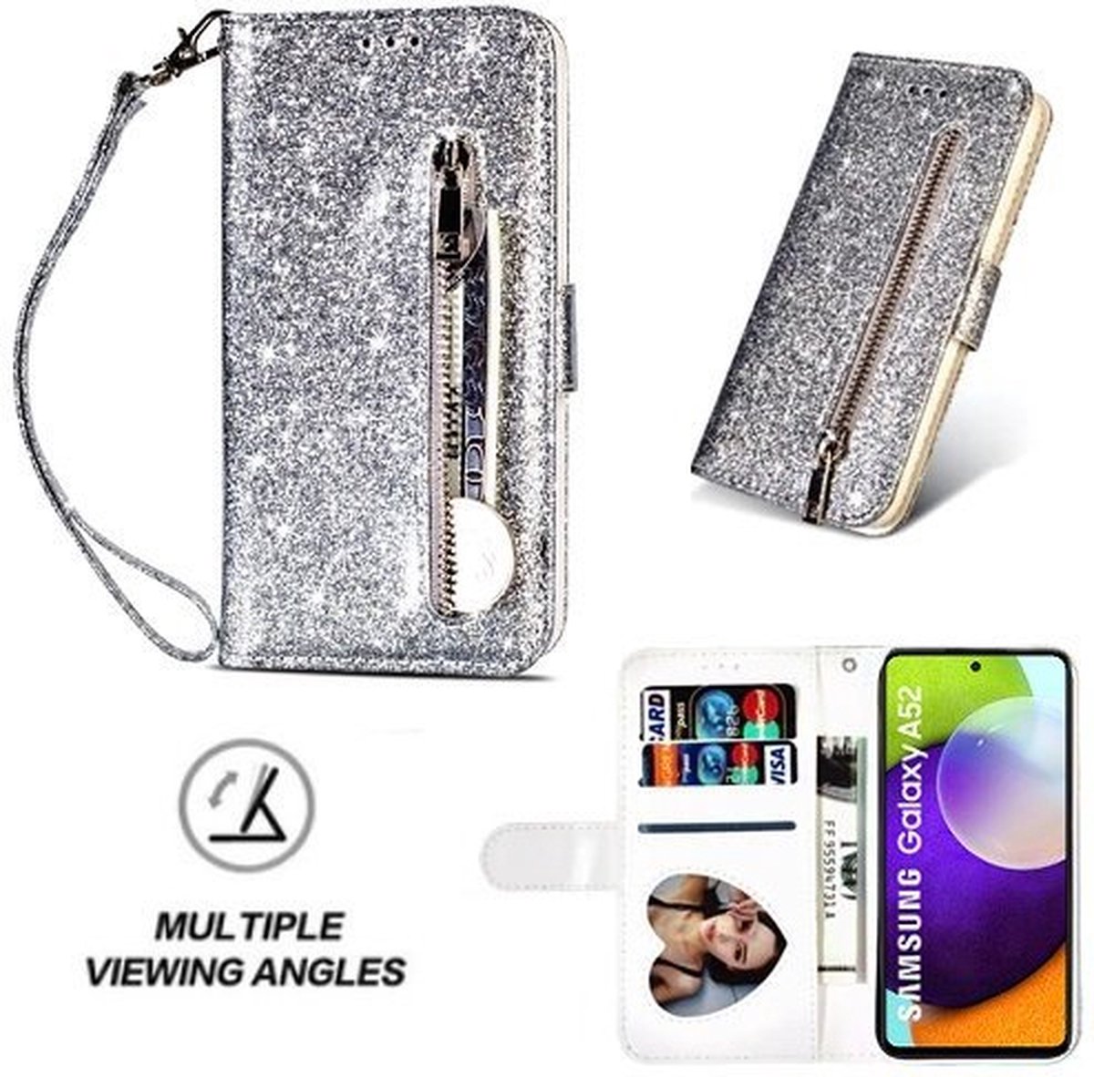 Samsung A52 5G Glitter Hoesje Met Pasjeshouder Bookcase Zilver