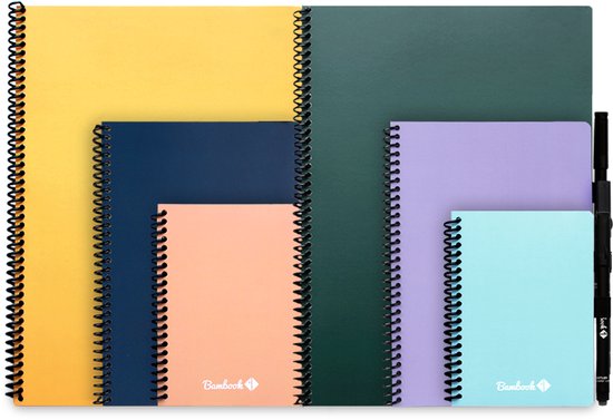 Cahier effaçable coloré Bambook - Blauw - Couverture souple - A5 - Ligné - Cahier tableau blanc durable et réutilisable - Avec 1 marqueur gratuit
