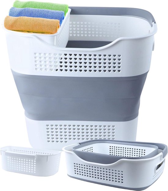 SAMMART Opvouwbare kuip met handvat, 9,2 l, draagbare picknickmand voor buiten, opvouwbare boodschappentas, ruimtebesparende opbergcontainer (grijs/roze, 1
