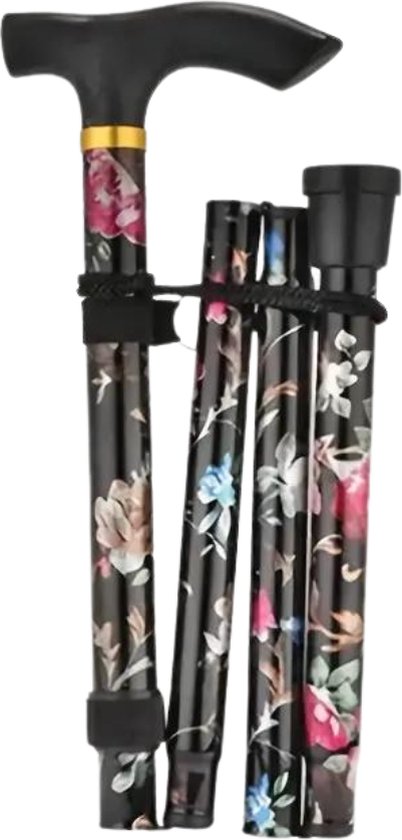 Gevouwen zwarte wandelstok met een kleurrijke bloemenprint en zwart handvat.