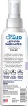 Achterkant van een flesje TropiClean OxyMed Anti-Itch Medicated Soothing Spray met ingrediënten en instructies.