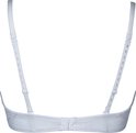 Achterkant van een witte strapless BH met verstelbare bandjes en kanten details.