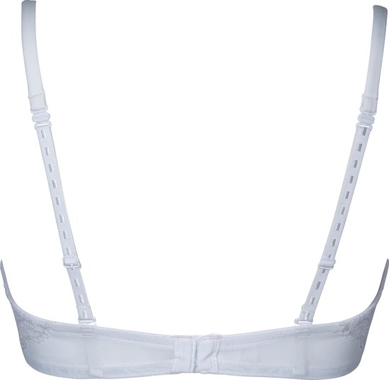Achterkant van een witte strapless BH met verstelbare bandjes en kanten details.