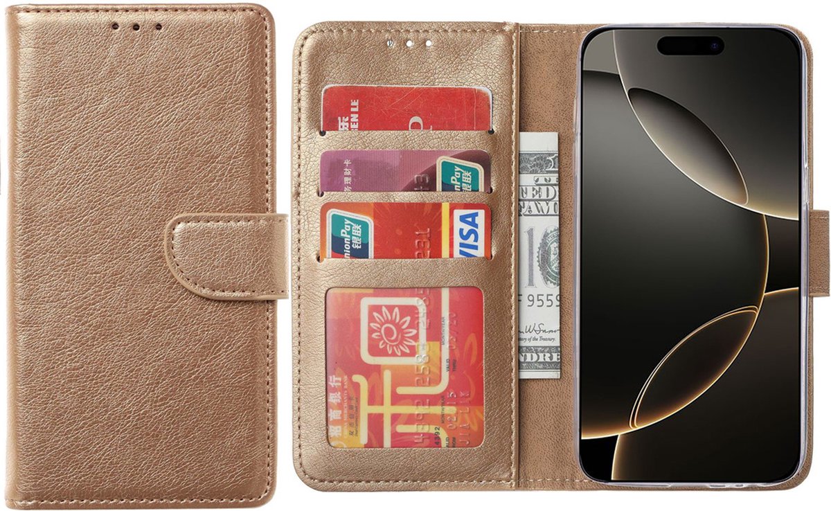 Hoesje Geschikt voor iPhone 16 Pro – Arara bookcase met pasjeshouder - Goud