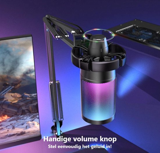 Fifine A6T microfoon met handige volumeknop en RGB verlichting.