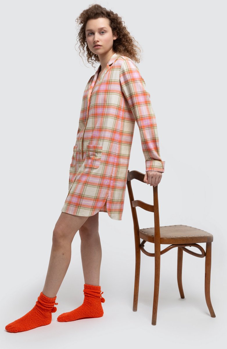Lords & Lilies slaapkleed doorknoop dames - ecru/roze/kaki geruit - 242-50-XDC-W/992 Multicolor