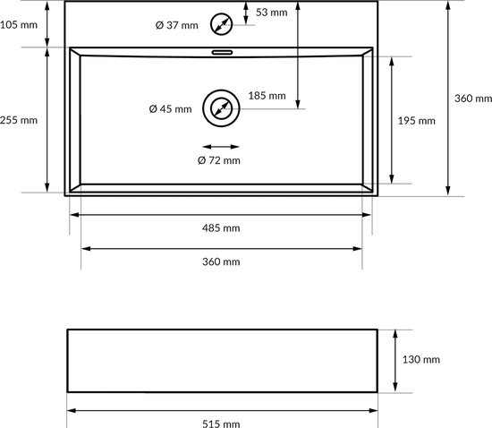 Dessin technique d'une vasque rectangulaire blanche de dimensions 515x360x130 mm.