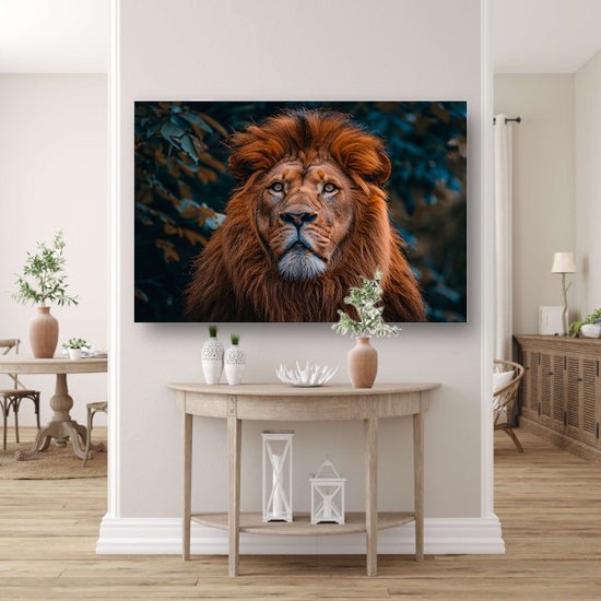 Leeuw wanddecoratie - Dieren schilderijen - Canvas schilderij Bladeren - Muurdecoratie industrieel - Canvas schilderij woonkamer - Kantoor accessoires canvas 120x80 cm