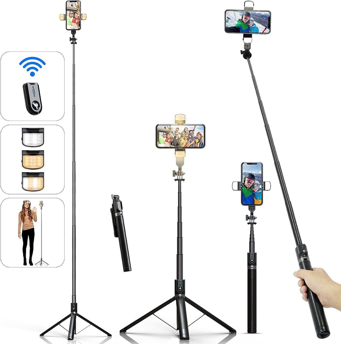 180 cm Hoog Zelfiestick Telefoonstatief met Afstandsbediening en LED Vullichten voor Reizen Vloggen Video - iPhone Android