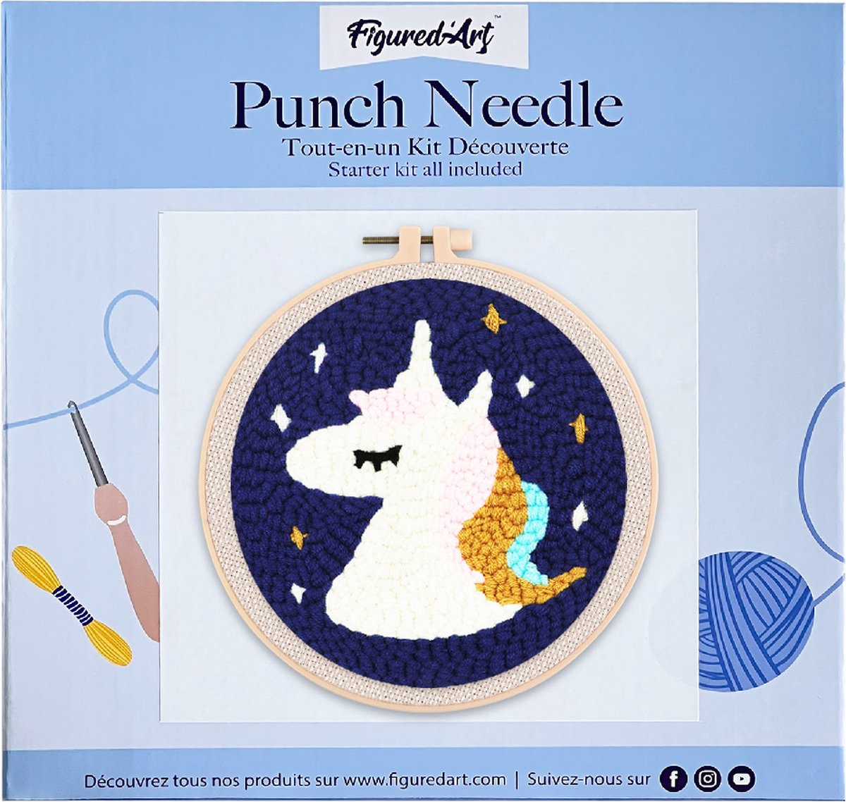 Figured'Art Punch Needle Kit voor Volwassenen en Kinderen - Eenhoorn - Perfect voor Beginners. Compleet klaar-om-te-borduren set, maat 20x20 cm met ronde frame