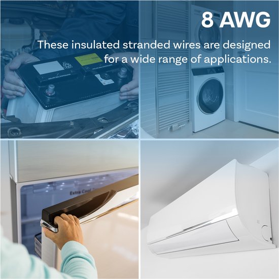 Kollage met toepassingen: installeren van een autobatterij, badkamer met verwarmde handdoekhouder, koelkast, airconditioner.