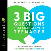 Boekomslag met de titel "3 Big Questions That Change Every Teenager" in grote letters tussen twee overlappende groene en blauwe spraakballen. Tekst "christianaudio" links.