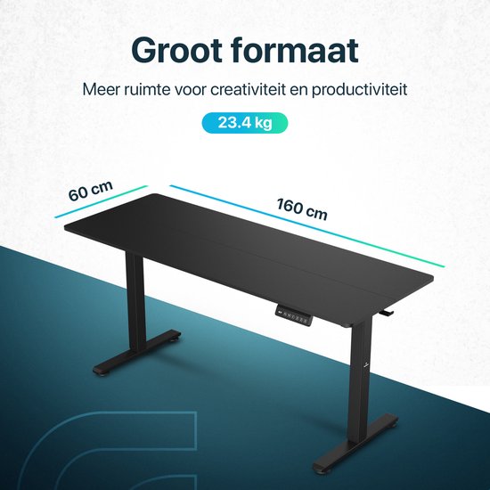 Zwart zit-sta bureau van 160 x 60 cm met een gewicht van 23,4 kg. "Groot formaat".