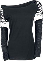 Zwarte top met off-shoulder halslijn, gescheurde schouders en lange, gescheurde mouwen van mesh.